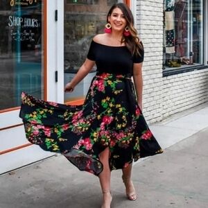 Cabi Floral Drama Wrap Skirt Medium Black Multicolor High-Low Midi Asymmetrical